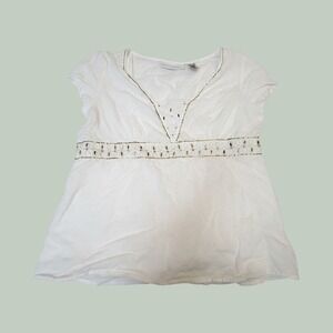 First Issue Liz Claiborne White Eyelet Blouse XL Gold Sequin Empire Waist Top